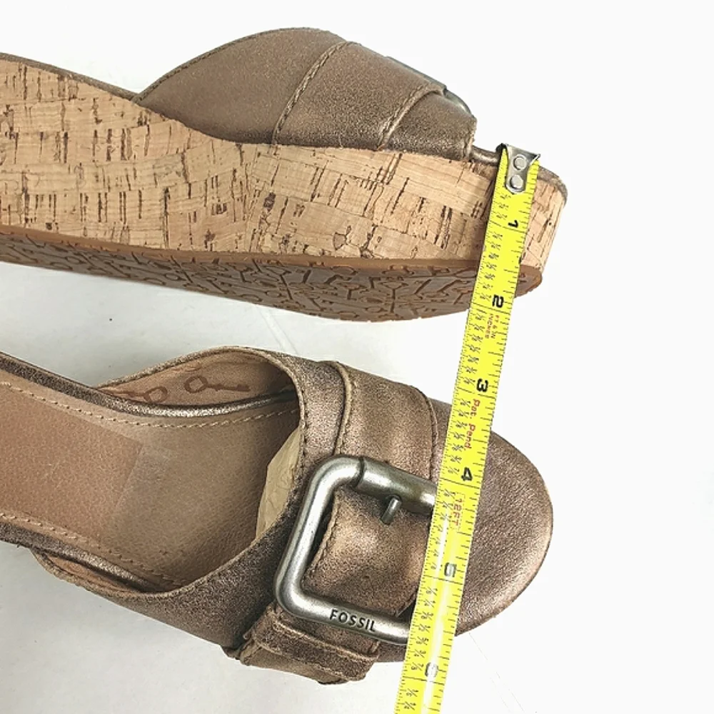 Fossil Malea Platform Slide Sandals Cork wedge metallic leather size 6.5
